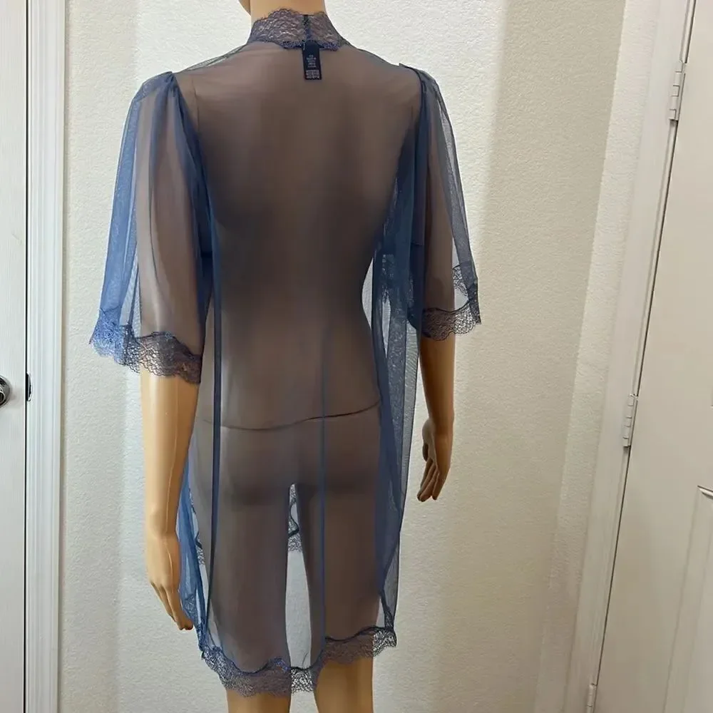 Victoria’s Secret Night Gown Sexy Intimate Robe Wrap Size XS/S Blue Sheer Lace